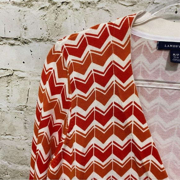 Lands End Ivory Orange Chevron Print V Neck Cardigan - Picture 2 of 6